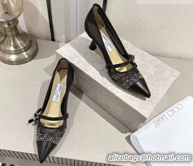 Charming Jimmy Choo Aren Pumps 6.5cm in Mesh and Strass with Pearl Bow Black 1210082
