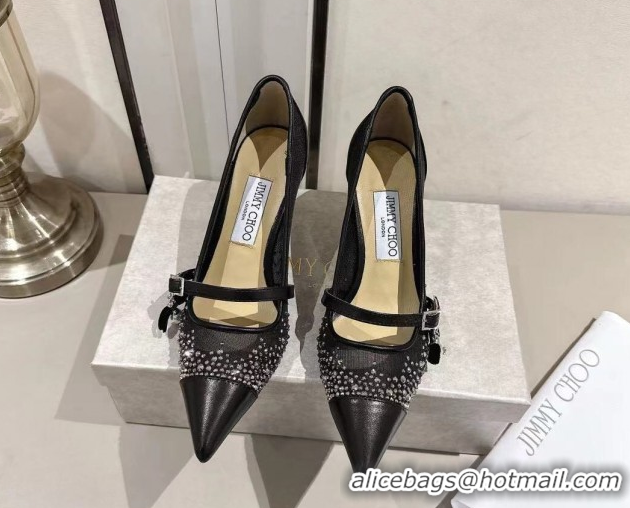 Charming Jimmy Choo Aren Pumps 6.5cm in Mesh and Strass with Pearl Bow Black 1210082