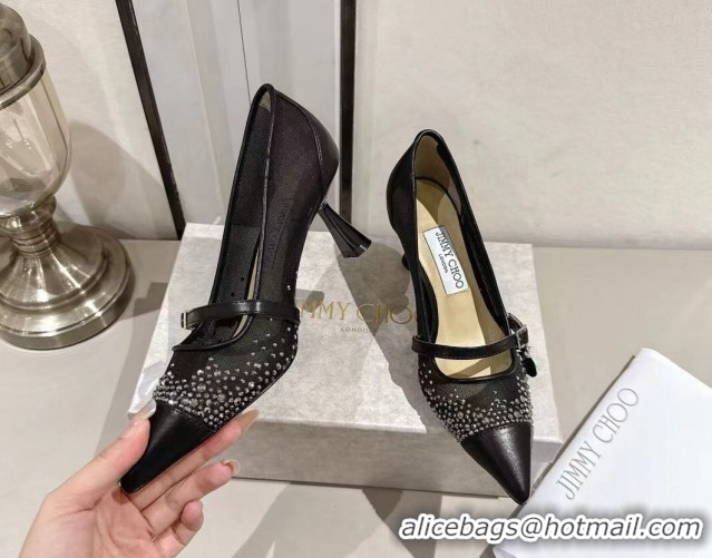 Charming Jimmy Choo Aren Pumps 6.5cm in Mesh and Strass with Pearl Bow Black 1210082
