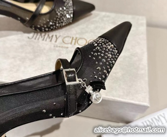 Charming Jimmy Choo Aren Pumps 6.5cm in Mesh and Strass with Pearl Bow Black 1210082