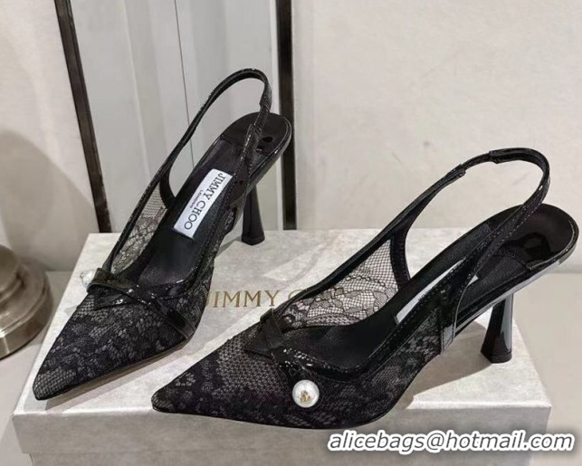 Popular Style Jimmy Choo Amita Pumps 8.5cm in Lace Mesh with Pearl Black 1210083
