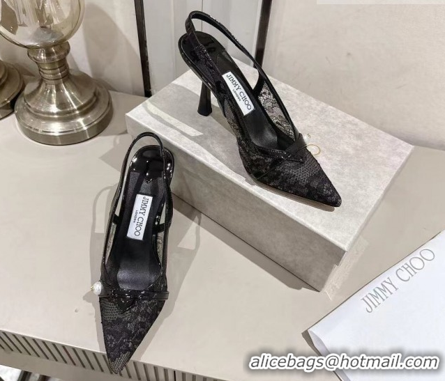 Popular Style Jimmy Choo Amita Pumps 8.5cm in Lace Mesh with Pearl Black 1210083