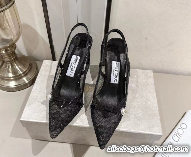 Popular Style Jimmy Choo Amita Pumps 8.5cm in Lace Mesh with Pearl Black 1210083