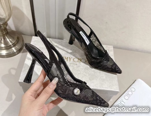 Popular Style Jimmy Choo Amita Pumps 8.5cm in Lace Mesh with Pearl Black 1210083