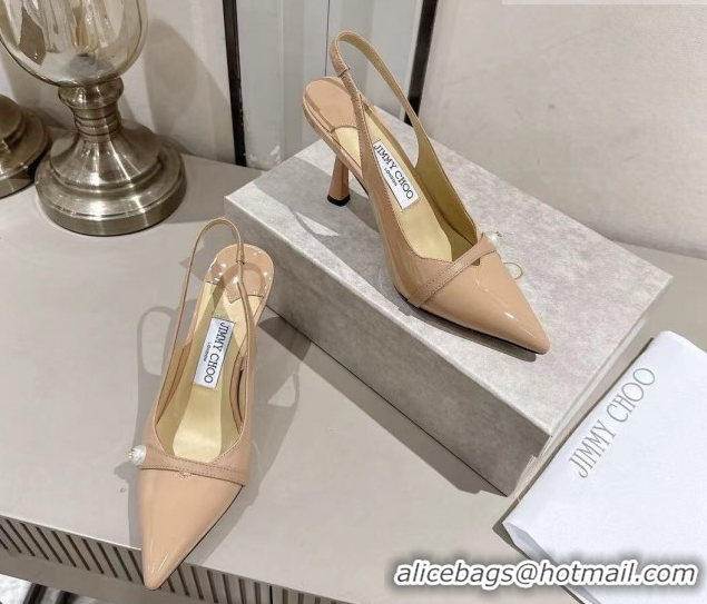 Shop Duplicate Jimmy Choo Amita Pumps 8.5cm in Patent Leather with Pearl Nude 1210084