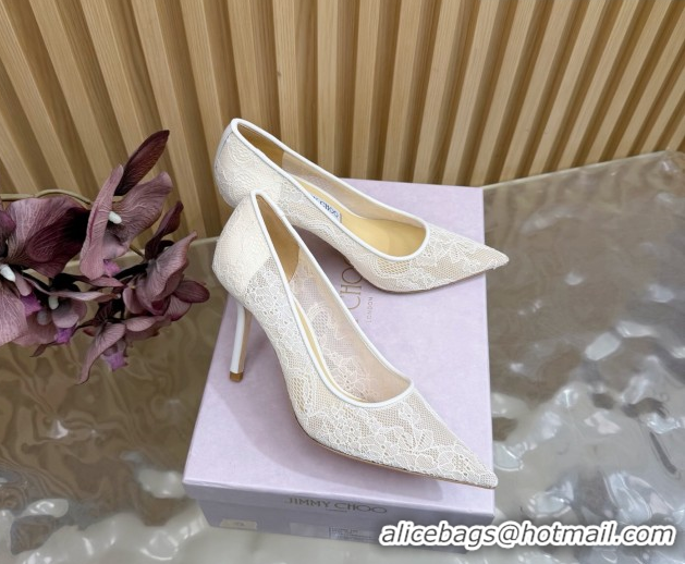 Classic Hot Jimmy Choo Romy Pumps 8.5cm in Lace Mesh Apricot 1210094