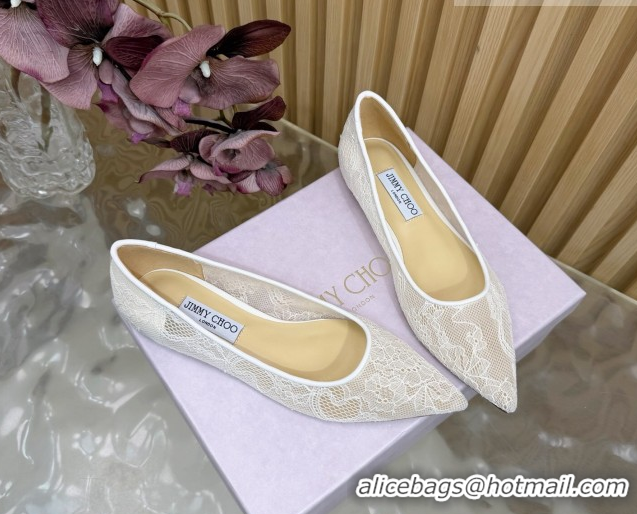 Luxurious Jimmy Choo Romy Ballerinas Flat in Lace Mesh Apricot 1210102