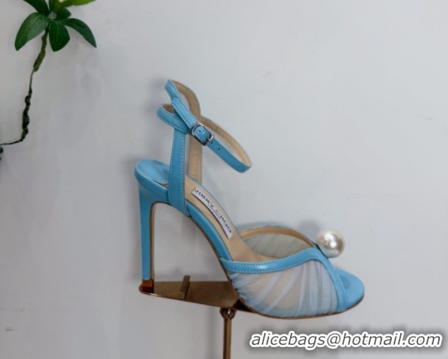Durable Jimmy Choo Sacora Heel Sandals 10.5cm in Mesh and Leather with Pearl Blue 1210107
