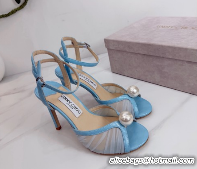 Durable Jimmy Choo Sacora Heel Sandals 10.5cm in Mesh and Leather with Pearl Blue 1210107