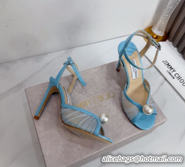 Durable Jimmy Choo Sacora Heel Sandals 10.5cm in Mesh and Leather with Pearl Blue 1210107