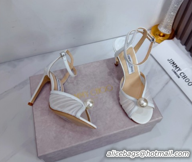 Classic Hot Jimmy Choo Sacora Heel Sandals 10.5cm in Mesh and Leather with Pearl White 1210109