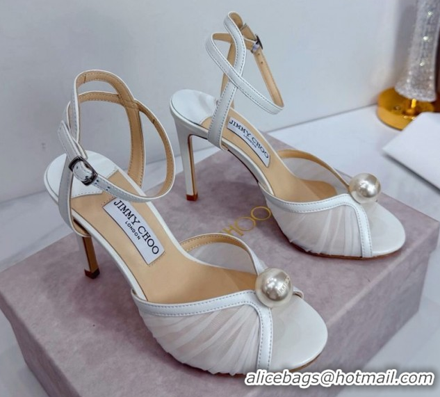 Classic Hot Jimmy Choo Sacora Heel Sandals 10.5cm in Mesh and Leather with Pearl White 1210109