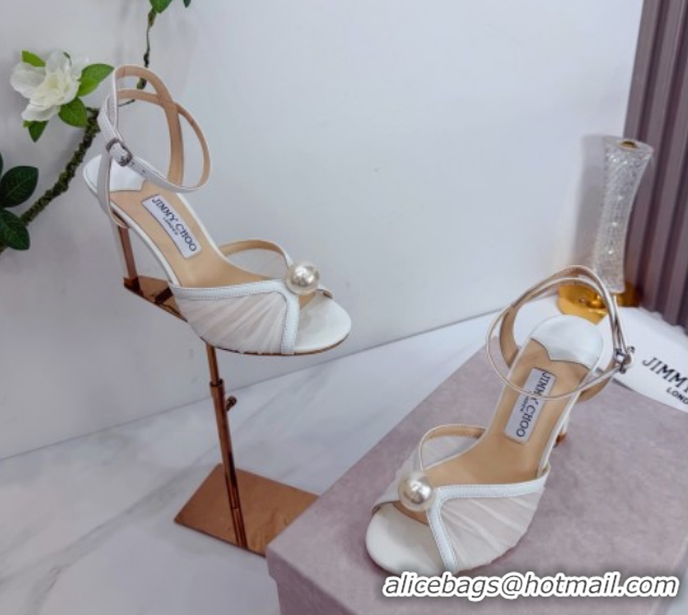 Classic Hot Jimmy Choo Sacora Heel Sandals 10.5cm in Mesh and Leather with Pearl White 1210109