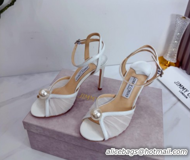 Classic Hot Jimmy Choo Sacora Heel Sandals 10.5cm in Mesh and Leather with Pearl White 1210109