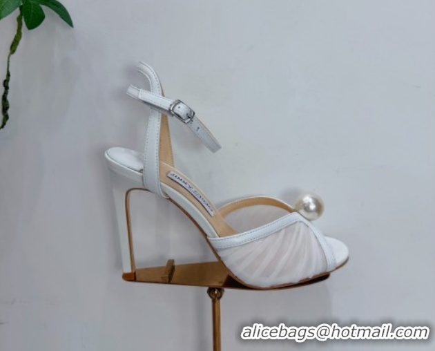Classic Hot Jimmy Choo Sacora Heel Sandals 10.5cm in Mesh and Leather with Pearl White 1210109