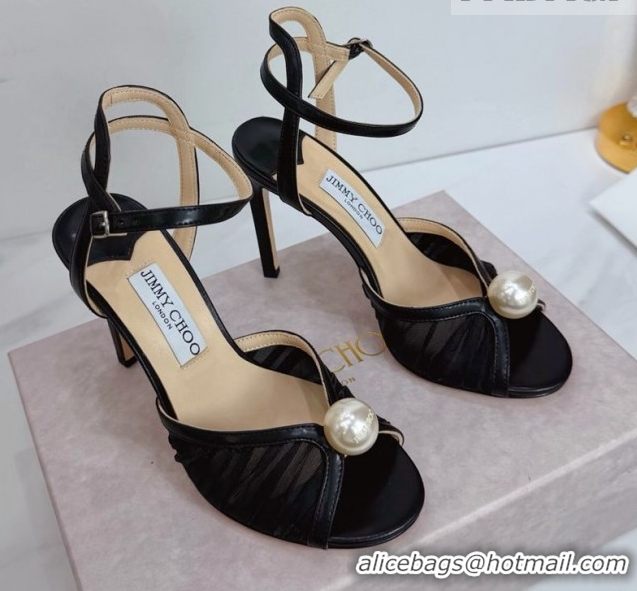 Stylish Jimmy Choo Sacora Heel Sandals 10.5cm in Mesh and Leather with Pearl Black 1210110