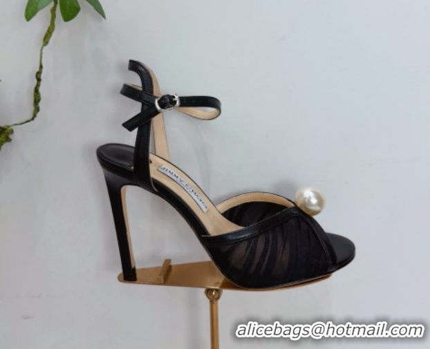 Stylish Jimmy Choo Sacora Heel Sandals 10.5cm in Mesh and Leather with Pearl Black 1210110