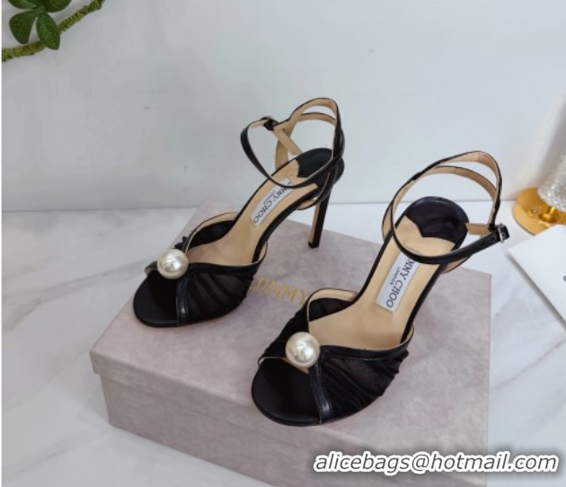 Stylish Jimmy Choo Sacora Heel Sandals 10.5cm in Mesh and Leather with Pearl Black 1210110