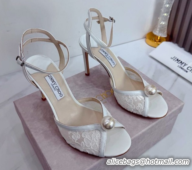 Fashion Jimmy Choo Sacora Heel Sandals 10.5cm in Floral Lace with Pearl White 1210111