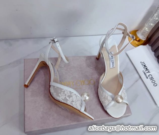 Fashion Jimmy Choo Sacora Heel Sandals 10.5cm in Floral Lace with Pearl White 1210111