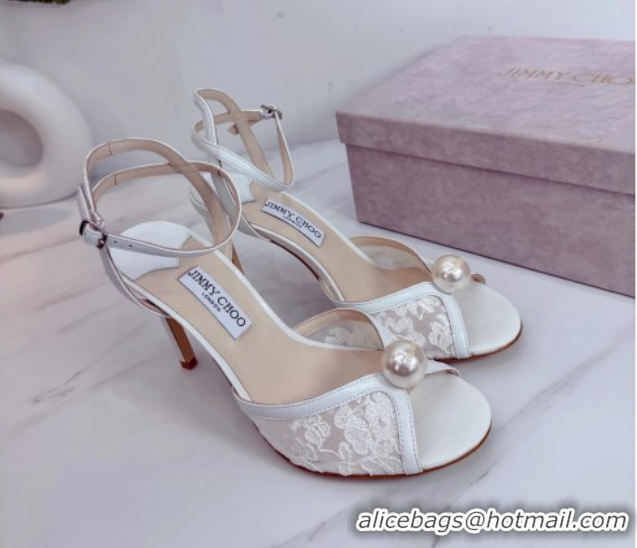Fashion Jimmy Choo Sacora Heel Sandals 10.5cm in Floral Lace with Pearl White 1210111