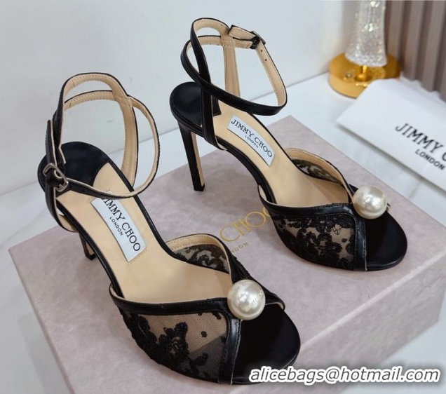 Good Looking Jimmy Choo Sacora Heel Sandals 10.5cm in Floral Lace with Pearl Black 1210112