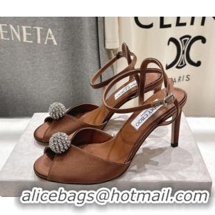 Discount Jimmy Choo Sacora Heel Sandals 8.5cm in Brown Satin with Strass 1210114