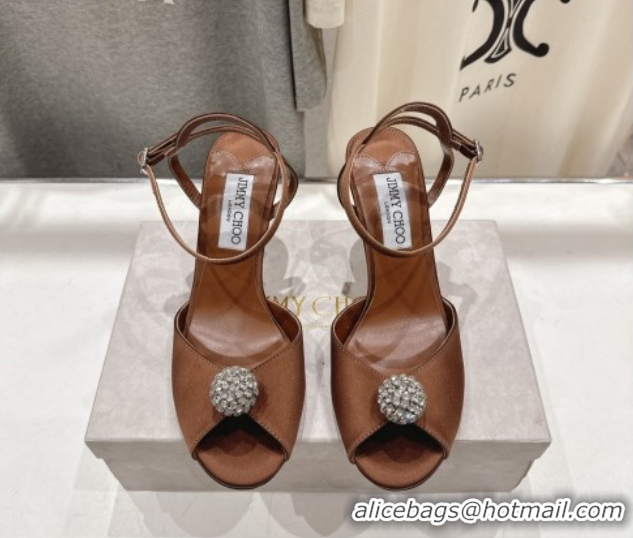 Discount Jimmy Choo Sacora Heel Sandals 8.5cm in Brown Satin with Strass 1210114