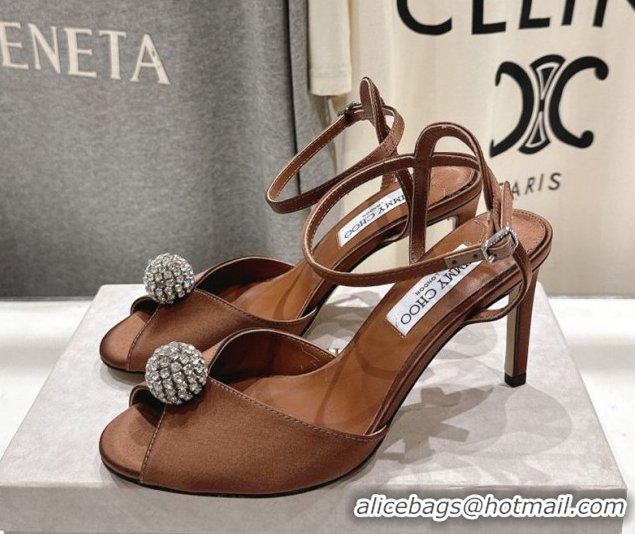 Discount Jimmy Choo Sacora Heel Sandals 8.5cm in Brown Satin with Strass 1210114