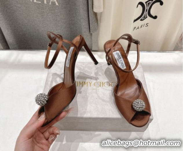 Discount Jimmy Choo Sacora Heel Sandals 8.5cm in Brown Satin with Strass 1210114