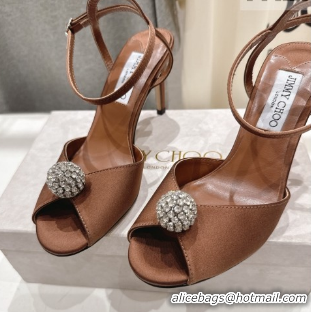 Discount Jimmy Choo Sacora Heel Sandals 8.5cm in Brown Satin with Strass 1210114