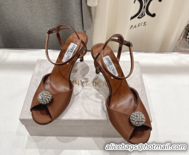 Discount Jimmy Choo Sacora Heel Sandals 8.5cm in Brown Satin with Strass 1210114