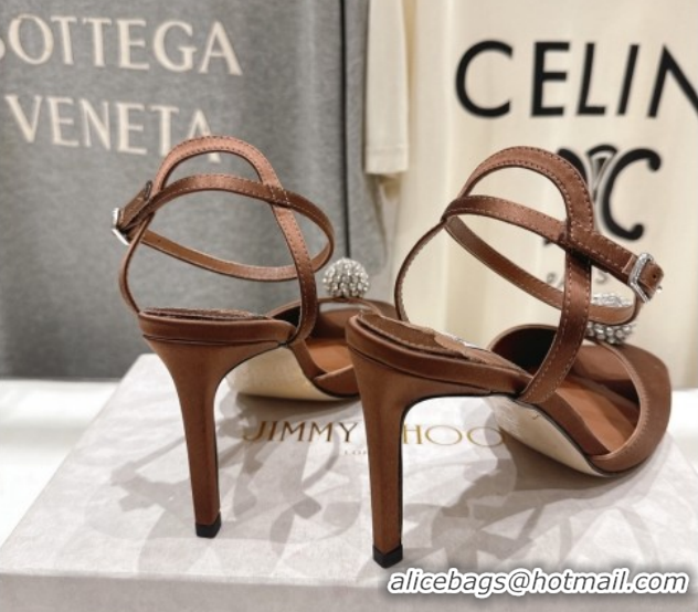 Discount Jimmy Choo Sacora Heel Sandals 8.5cm in Brown Satin with Strass 1210114