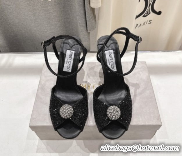 Fashion Luxury Jimmy Choo Sacora Heel Sandals 8.5cm in Black Glitter with Strass 1210115