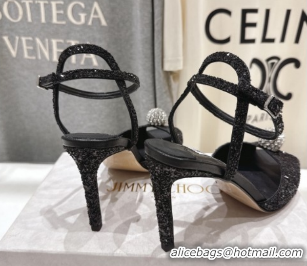 Fashion Luxury Jimmy Choo Sacora Heel Sandals 8.5cm in Black Glitter with Strass 1210115