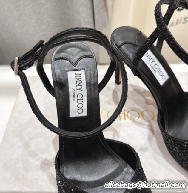 Fashion Luxury Jimmy Choo Sacora Heel Sandals 8.5cm in Black Glitter with Strass 1210115