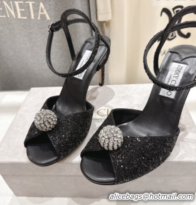 Fashion Luxury Jimmy Choo Sacora Heel Sandals 8.5cm in Black Glitter with Strass 1210115