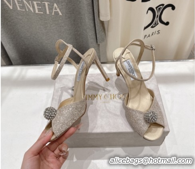 Discount Jimmy Choo Sacora Heel Sandals 8.5cm in Gold-Tone Glitter with Strass 1210116