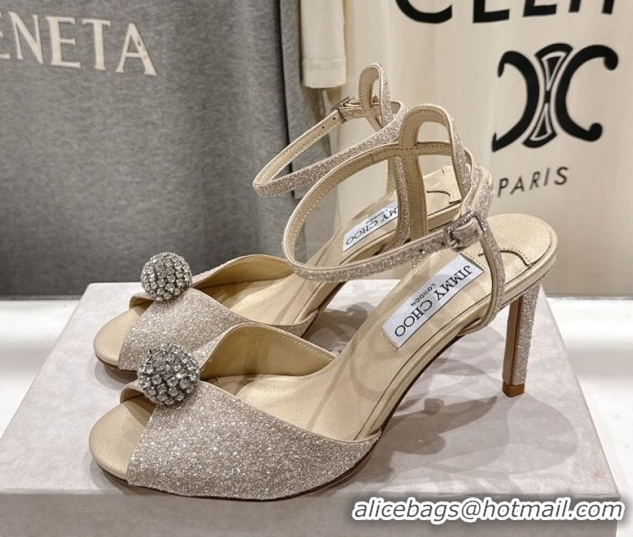 Discount Jimmy Choo Sacora Heel Sandals 8.5cm in Gold-Tone Glitter with Strass 1210116