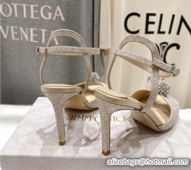 Discount Jimmy Choo Sacora Heel Sandals 8.5cm in Gold-Tone Glitter with Strass 1210116