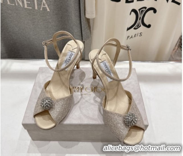 Discount Jimmy Choo Sacora Heel Sandals 8.5cm in Gold-Tone Glitter with Strass 1210116