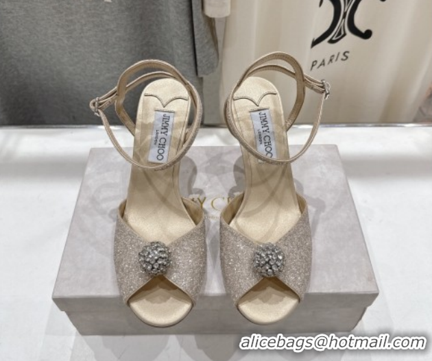 Discount Jimmy Choo Sacora Heel Sandals 8.5cm in Gold-Tone Glitter with Strass 1210116