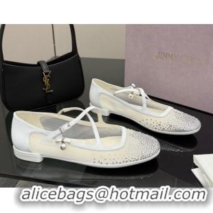 Luxury Cheap Jimmy Choo Mesh and Strass Mary Janes Ballerinas Flat with Pearl Bow White 1210120
