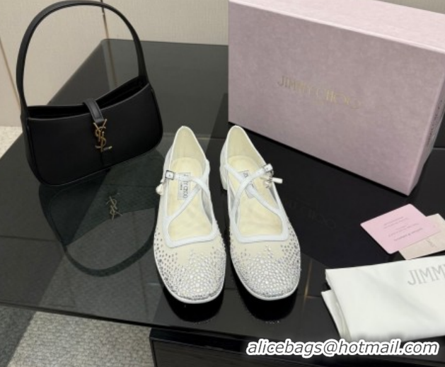 Luxury Cheap Jimmy Choo Mesh and Strass Mary Janes Ballerinas Flat with Pearl Bow White 1210120