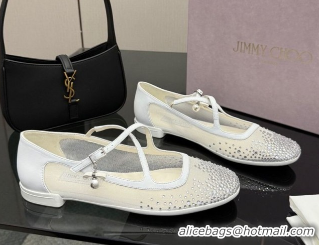 Luxury Cheap Jimmy Choo Mesh and Strass Mary Janes Ballerinas Flat with Pearl Bow White 1210120