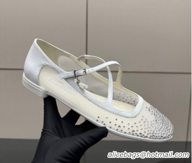 Luxury Cheap Jimmy Choo Mesh and Strass Mary Janes Ballerinas Flat with Pearl Bow White 1210120