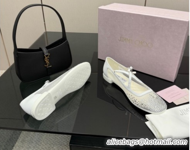 Luxury Cheap Jimmy Choo Mesh and Strass Mary Janes Ballerinas Flat with Pearl Bow White 1210120