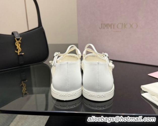 Luxury Cheap Jimmy Choo Mesh and Strass Mary Janes Ballerinas Flat with Pearl Bow White 1210120