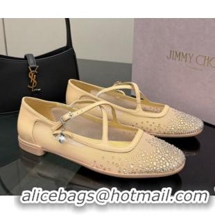 Trendy Design Jimmy Choo Mesh and Strass Mary Janes Ballerinas Flat with Pearl Bow Beige JC121001 1210121