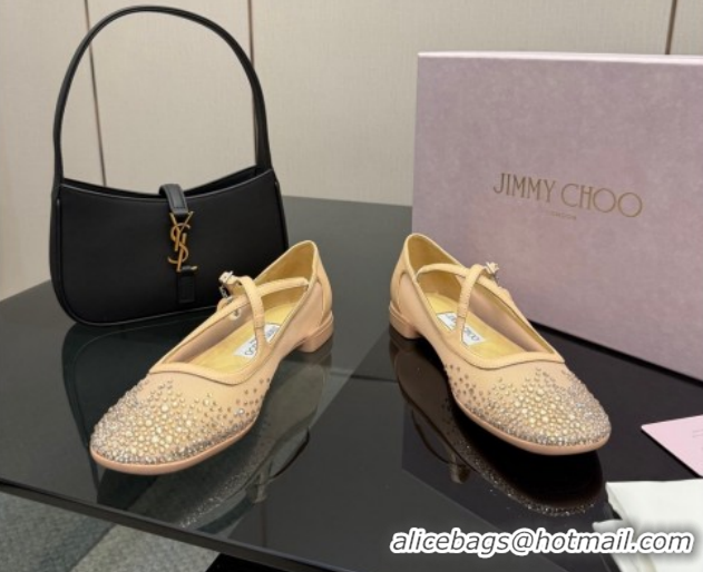Trendy Design Jimmy Choo Mesh and Strass Mary Janes Ballerinas Flat with Pearl Bow Beige JC121001 1210121